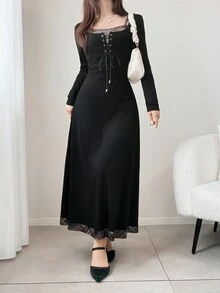 FRIFUL Women's Early Autumn New Korean Style Patchwork Plaid Collar Tie Drawstring 2 In 1 Long Dress Cute Tops - Black - View 5