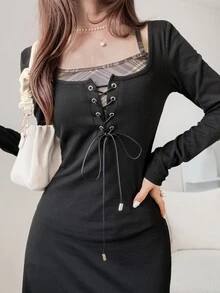 FRIFUL Women's Early Autumn New Korean Style Patchwork Plaid Collar Tie Drawstring 2 In 1 Long Dress Cute Tops - Black - View 7
