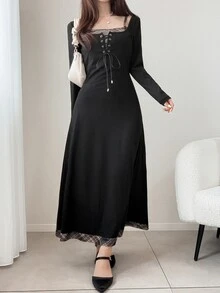 FRIFUL Women's Early Autumn New Korean Style Patchwork Plaid Collar Tie Drawstring 2 In 1 Long Dress Cute Tops - Black - View 4
