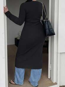 Dazy Plus Cardigan Lengan Panjang Bertekstur Ribbed dengan Leher V, Ekstra Panjang, Kasual, Elegan, Tipis, Cocok untuk Musim Gugur. - Hitam - View 2