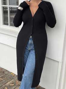 Dazy Plus Cardigan Lengan Panjang Bertekstur Ribbed dengan Leher V, Ekstra Panjang, Kasual, Elegan, Tipis, Cocok untuk Musim Gugur. - Hitam - View 8