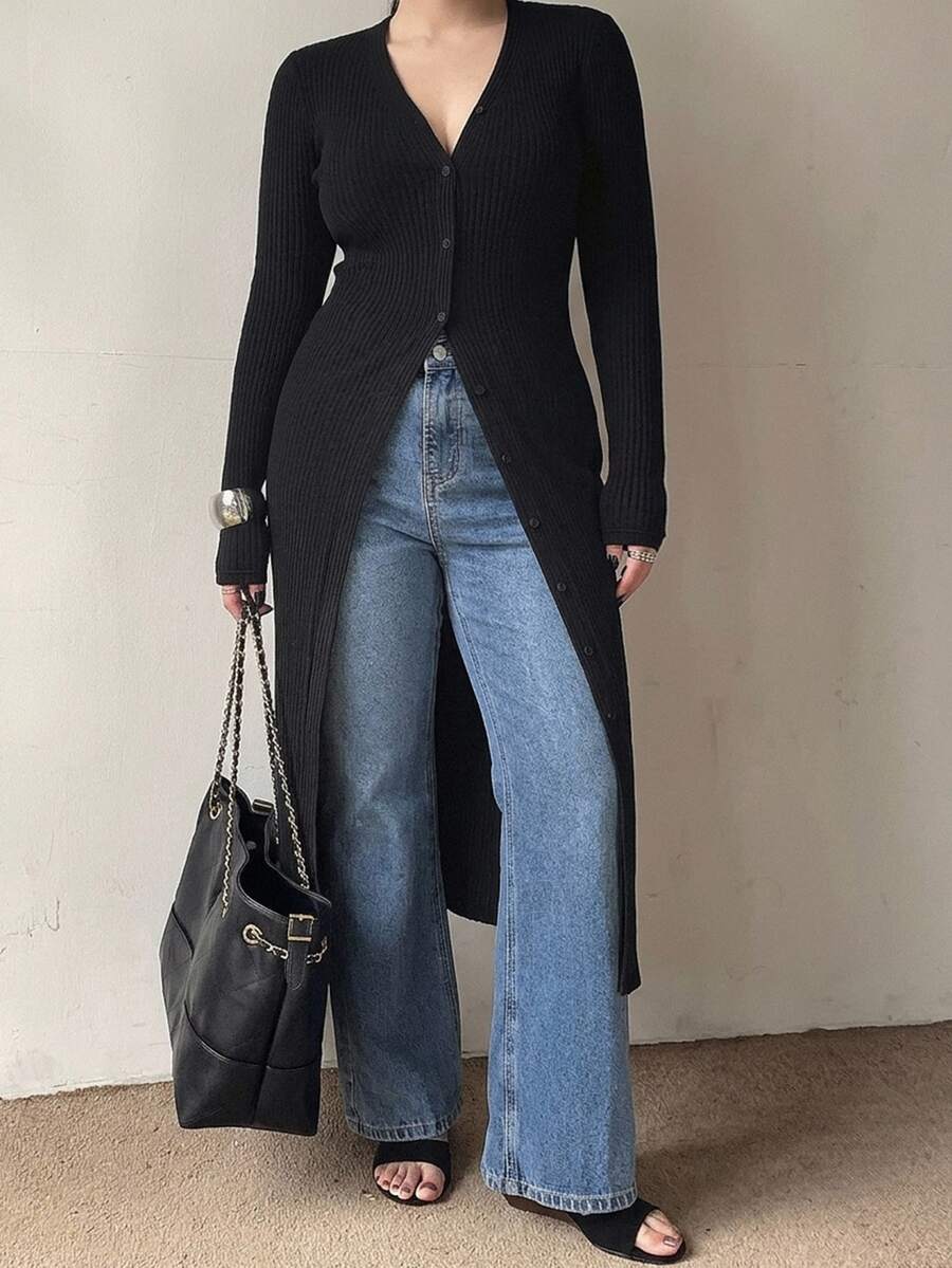 Dazy Plus Cardigan Lengan Panjang Bertekstur Ribbed dengan Leher V, Ekstra Panjang, Kasual, Elegan, Tipis, Cocok untuk Musim Gugur. - Hitam - View 1
