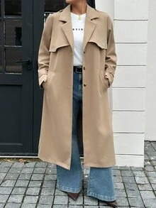 Dazy Plus 優雅卡其色純色寬鬆版型翻領休閒百搭長款風衣外套 秋季新款 辦公穿搭 - 卡其色 - 查看 9