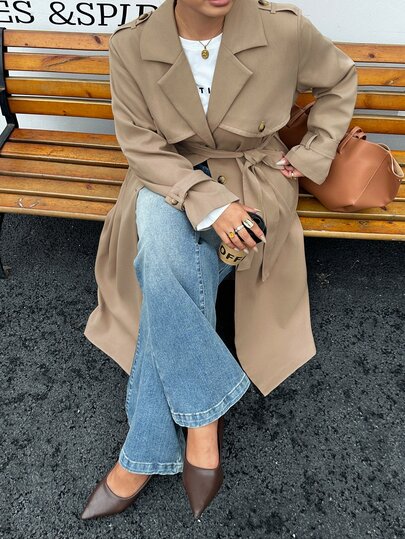 Dazy Plus Elegant Khaki Solid Color Loose Fit Lapel Collar Casual Versatile Long Trench Coat Jacket Spring Autumn Winter New Style