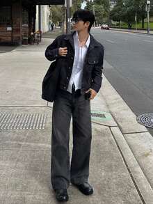 DAZY 男士海軍藍水洗軟質做舊寬鬆休閒牛仔夾克，春秋款 - 深色水洗藍 - 查看 5
