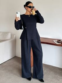 Dazy Plus Fun Commute Bell Sleeve Cinched Waist Pullover Top & Thickened Long Pants 2 Pieces Set For Spring, Autumn, Winter - Navy Blue - View 4