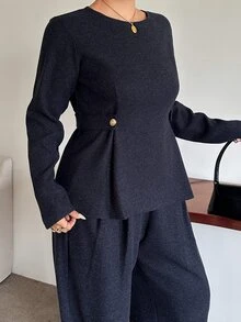 Dazy Plus Fun Commute Bell Sleeve Cinched Waist Pullover Top & Thickened Long Pants 2 Pieces Set For Spring, Autumn, Winter - Navy Blue - View 8