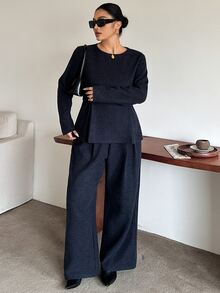 Dazy Plus Fun Commute Bell Sleeve Cinched Waist Pullover Top & Thickened Long Pants 2 Pieces Set For Spring, Autumn, Winter - Navy Blue - View 5