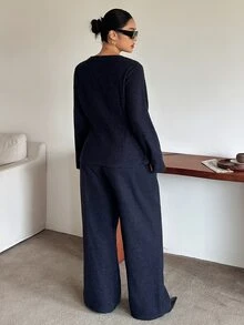 Dazy Plus Fun Commute Bell Sleeve Cinched Waist Pullover Top & Thickened Long Pants 2 Pieces Set For Spring, Autumn, Winter - Navy Blue - View 2