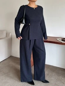 Dazy Plus Fun Commute Bell Sleeve Cinched Waist Pullover Top & Thickened Long Pants 2 Pieces Set For Spring, Autumn, Winter - Navy Blue - View 7