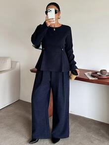 Dazy Plus Fun Commute Bell Sleeve Cinched Waist Pullover Top & Thickened Long Pants 2 Pieces Set For Spring, Autumn, Winter - Navy Blue - View 1