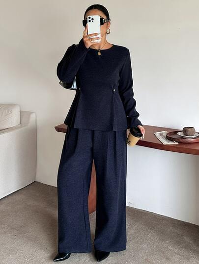 Dazy Plus Fun Commute Bell Sleeve Cinched Waist Pullover Top & Thickened Long Pants 2 Pieces Set For Spring, Autumn, Winter