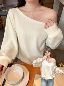 Dazy Plus Solid Color Elegant Versatile Asymmetrical Shoulder Loose Fit Long Sleeve T-Shirt Spring Autumn - Beige - View 8