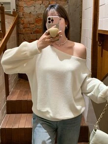 Dazy Plus Solid Color Elegant Versatile Asymmetrical Shoulder Loose Fit Long Sleeve T-Shirt Spring Autumn - Beige - View 2