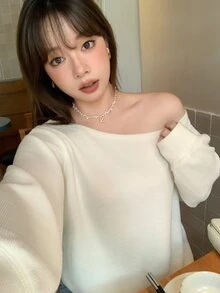 Dazy Plus Solid Color Elegant Versatile Asymmetrical Shoulder Loose Fit Long Sleeve T-Shirt Spring Autumn - Beige - View 7