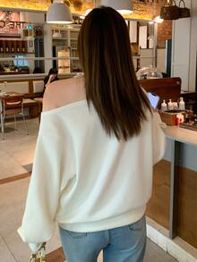Dazy Plus Solid Color Elegant Versatile Asymmetrical Shoulder Loose Fit Long Sleeve T-Shirt Spring Autumn - Beige - View 6
