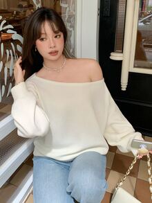Dazy Plus Solid Color Elegant Versatile Asymmetrical Shoulder Loose Fit Long Sleeve T-Shirt Spring Autumn - Beige - View 5