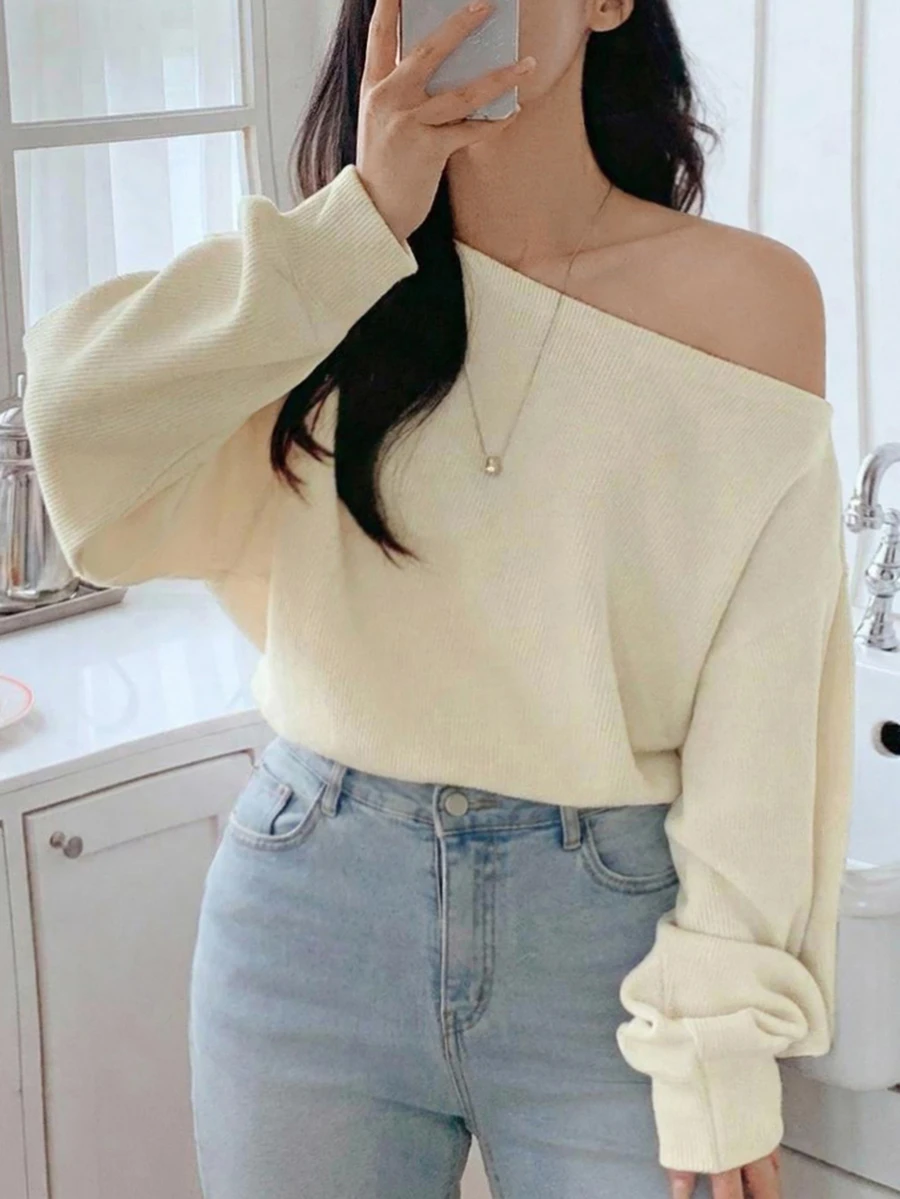 Dazy Plus Solid Color Elegant Versatile Asymmetrical Shoulder Loose Fit Long Sleeve T-Shirt Spring Autumn - Beige - View 1