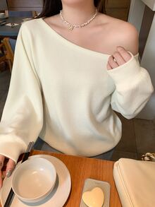 Dazy Plus Solid Color Elegant Versatile Asymmetrical Shoulder Loose Fit Long Sleeve T-Shirt Spring Autumn - Beige - View 4