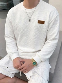 DAZY 男士標誌印花圓領長袖T恤，夏季日常穿著 - 白色 - 查看 4