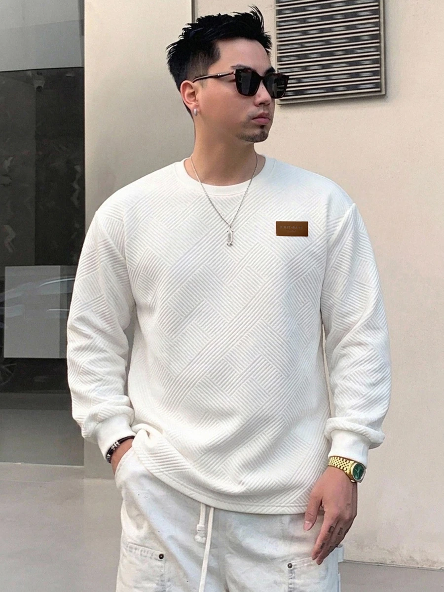 DAZY 男士標誌印花圓領長袖T恤，夏季日常穿著 - 白色 - 查看 1