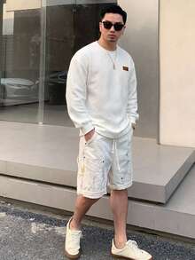 DAZY 男士標誌印花圓領長袖T恤，夏季日常穿著 - 白色 - 查看 5