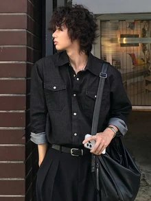 DAZY Spring/Autumn Black Washed Distressed Long Sleeve Textured Striped Fabric Men's Denim Jacket - Black - View 4