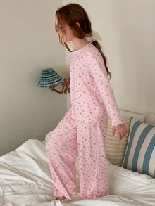 DAZY Ditsy Floral Round Neck Loose T-Shirt Long Sleeve Top + Straight Leg Pants 2pcs Set Girls (Large) Loungewear Fall - Baby Pink - View 4