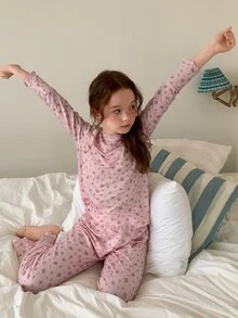 DAZY Ditsy Floral Round Neck Loose T-Shirt Long Sleeve Top + Straight Leg Pants 2pcs Set Girls (Large) Loungewear Fall - Baby Pink - View 7