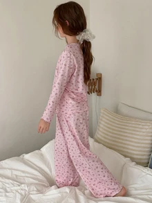 DAZY Ditsy Floral Round Neck Loose T-Shirt Long Sleeve Top + Straight Leg Pants 2pcs Set Girls (Large) Loungewear Fall - Baby Pink - View 2