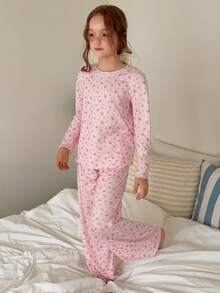 DAZY Ditsy Floral Round Neck Loose T-Shirt Long Sleeve Top + Straight Leg Pants 2pcs Set Girls (Large) Loungewear Fall - Baby Pink - View 3
