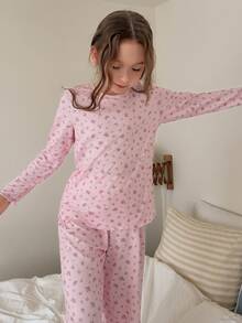 DAZY Ditsy Floral Round Neck Loose T-Shirt Long Sleeve Top + Straight Leg Pants 2pcs Set Girls (Large) Loungewear Fall - Baby Pink - View 5