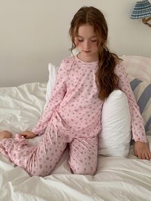 DAZY Ditsy Floral Round Neck Loose T-Shirt Long Sleeve Top + Straight Leg Pants 2pcs Set Girls (Large) Loungewear Fall - Baby Pink - View 6