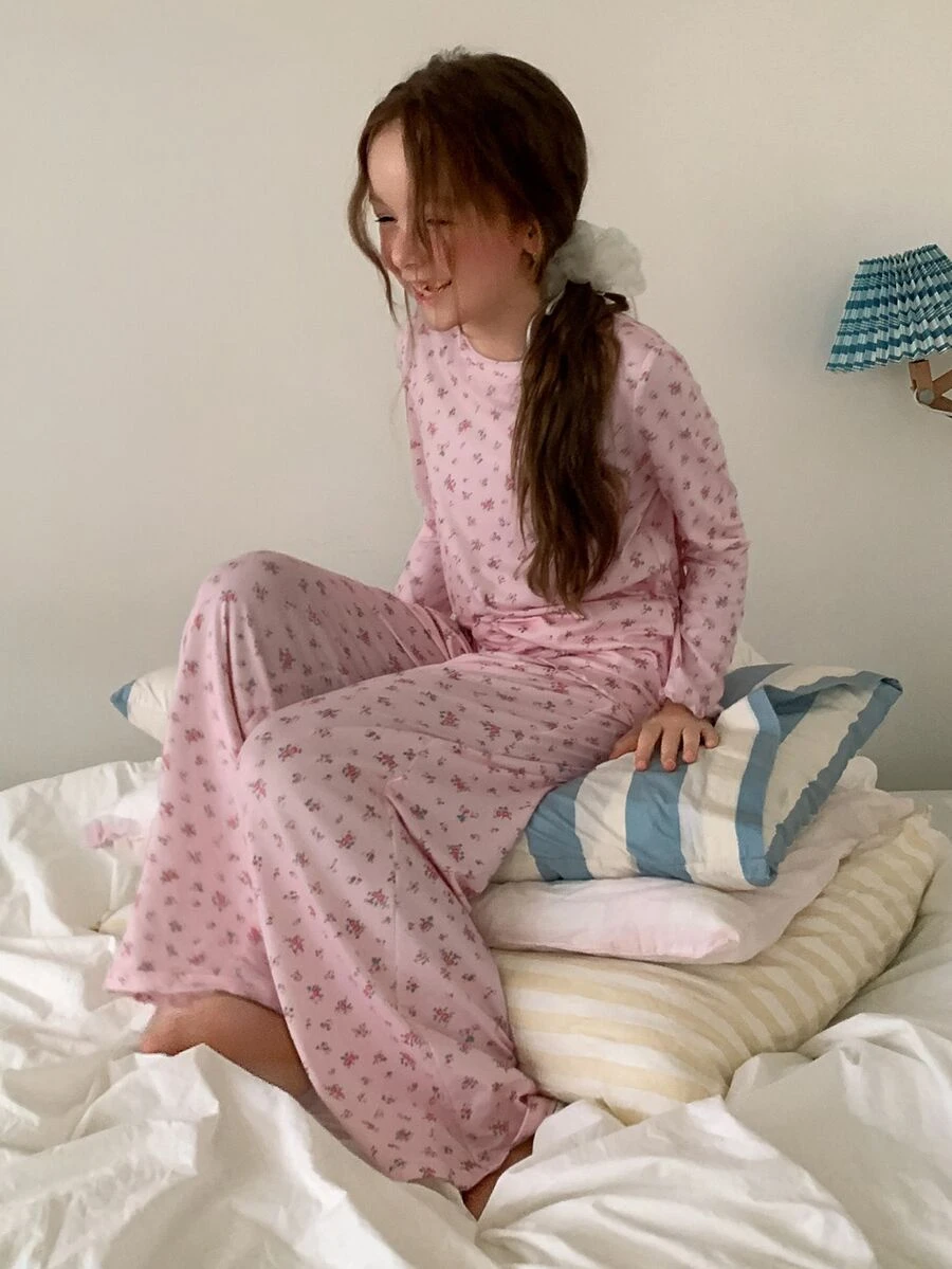 DAZY Ditsy Floral Round Neck Loose T-Shirt Long Sleeve Top + Straight Leg Pants 2pcs Set Girls (Large) Loungewear Fall - Baby Pink - View 1
