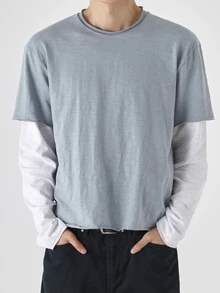 DAZY Spring/Autumn Blue And White 2 In 1 Short Long Sleeve Horizontal Textured Fabric Raw Edge Design Men's T-Shirt - Multicolor - View 5