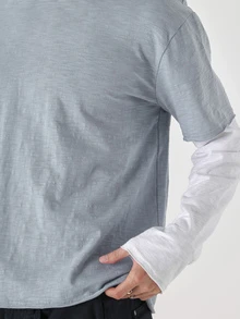 DAZY Spring/Autumn Blue And White 2 In 1 Short Long Sleeve Horizontal Textured Fabric Raw Edge Design Men's T-Shirt - Multicolor - View 3