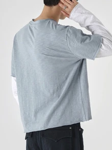 DAZY Spring/Autumn Blue And White 2 In 1 Short Long Sleeve Horizontal Textured Fabric Raw Edge Design Men's T-Shirt - Multicolor - View 2