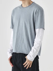 DAZY Spring/Autumn Blue And White 2 In 1 Short Long Sleeve Horizontal Textured Fabric Raw Edge Design Men's T-Shirt - Multicolor - View 4