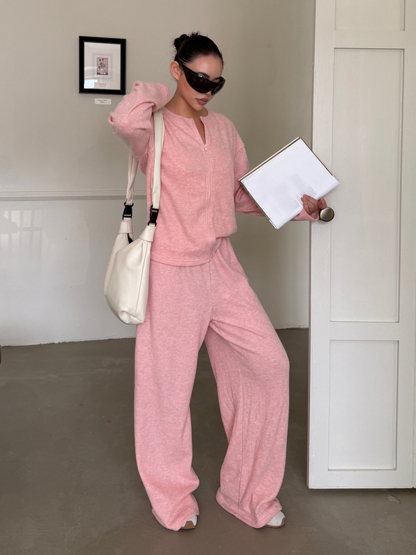 DAZY Autumn Korean Style Baseball Collar Zip-Up Sweatshirt Sweatshirt And Pink Long Pants Casual Home Wear Women's Sports Set