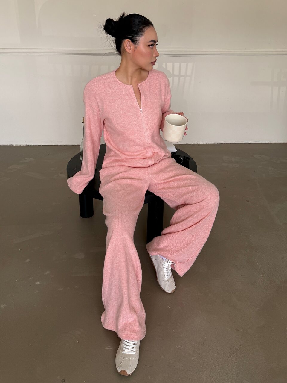 Autumn Korean Style Baseball Collar Zip-Up Sweatshirt Sweatshirt And Pink Long Pants Casual Home Wear Women's Sports Set