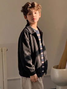 DAZY 男童 (大號) 黑色翻領夾克，秋冬長袖純黑色基礎外套 - 黑色 - 查看 7