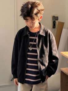 DAZY 男童 (大號) 黑色翻領夾克，秋冬長袖純黑色基礎外套 - 黑色 - 查看 4