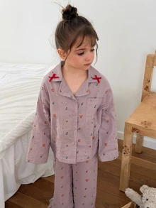 Hapijoa 女童碎花領口單排扣長袖上衣與長褲家居服 秋季 - 紫色 - 查看 4