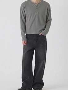 DAZY Men's Spring/Autumn Long Sleeve Short Length Charcoal Gray Waffle Knit Crew Neck Half-Button T-Shirt - Grey - View 3
