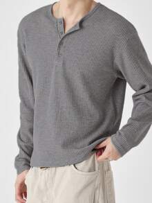 DAZY Men's Spring/Autumn Long Sleeve Short Length Charcoal Gray Waffle Knit Crew Neck Half-Button T-Shirt - Grey - View 4