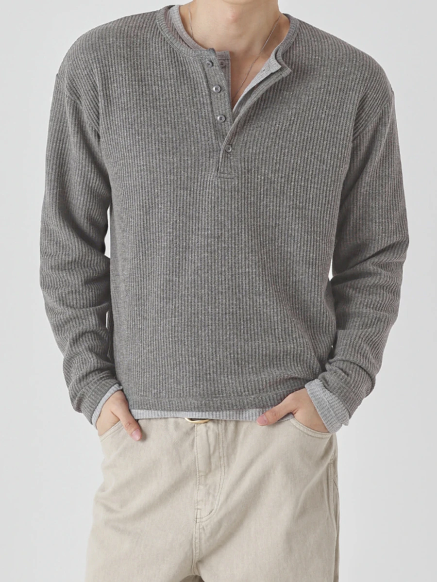 DAZY Men's Spring/Autumn Long Sleeve Short Length Charcoal Gray Waffle Knit Crew Neck Half-Button T-Shirt - Grey - View 1