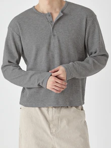 DAZY Men's Spring/Autumn Long Sleeve Short Length Charcoal Gray Waffle Knit Crew Neck Half-Button T-Shirt - Grey - View 5