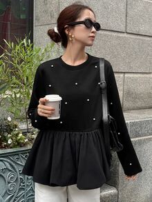 FRIFUL Women's Early Autumn New Korean Style Beaded Decor Ruffle Hem Pleated T-Shirt Long Sleeve Tops - Black - View 5