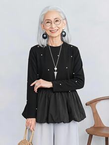 FRIFUL Women's Early Autumn New Korean Style Beaded Decor Ruffle Hem Pleated T-Shirt Long Sleeve Tops - Black - View 6