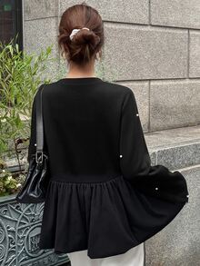 FRIFUL Women's Early Autumn New Korean Style Beaded Decor Ruffle Hem Pleated T-Shirt Long Sleeve Tops - Black - View 2